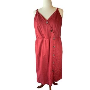 Maurices Red Linen Blend Button Front Wrap Midi Dress XL Smocked Back